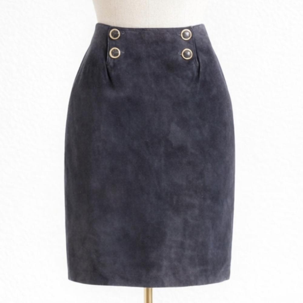 Vintage 80s CEDARS Navy Blue Suede Leather Pencil Skirt XXS 00 High-Waisted